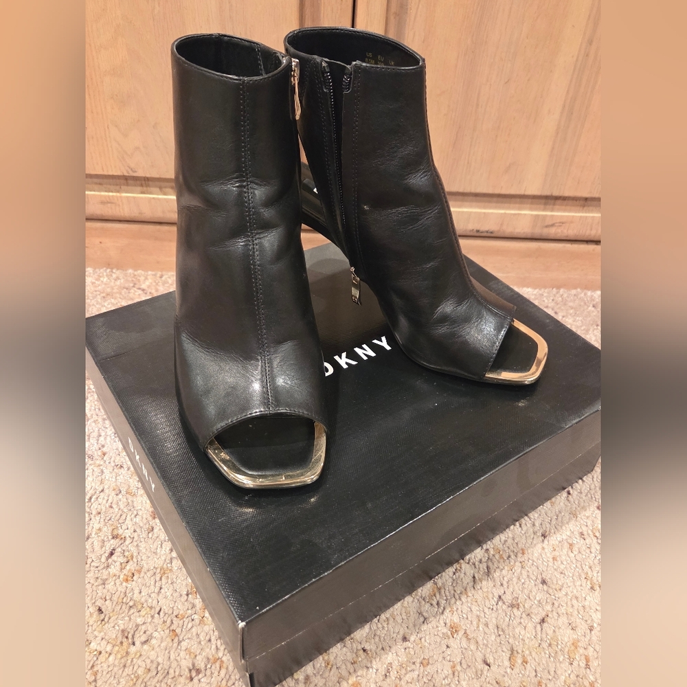 DKNY Black Leather Peep-Toe Booties
